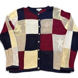 Vintage patchwork knitted stars multicolor cardigan sweater size medium